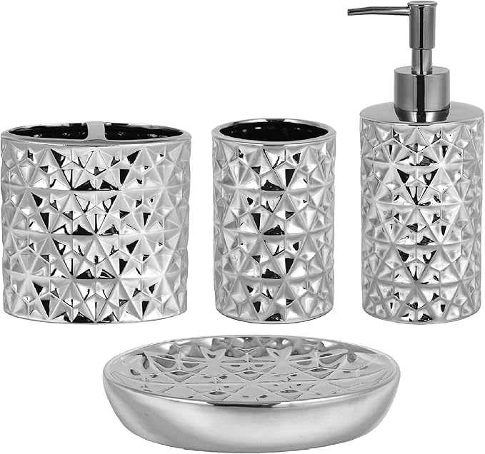 Silver Bathroom Accessories Set, 4 Piece Ceramic Bath Accessory Sets Complete, Diamond Soap Dispenser and Silver Toothbrush Holder Set for Bathroom Counter Sink, Farm Modern Bathroom Decor