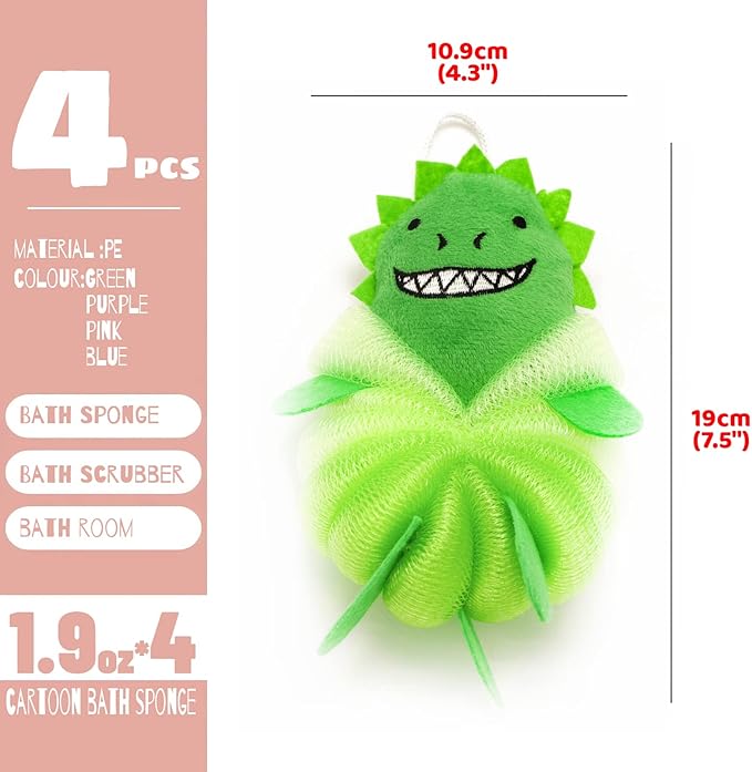 MURRI&MURRDI 4 Pack Kids Bath Sponges - Cute Animal Shower Pouf Set, Gentle Exfoliating Body Scrubber for Toddlers, Cartoon Mesh Loofah Gift for Boys & Girls