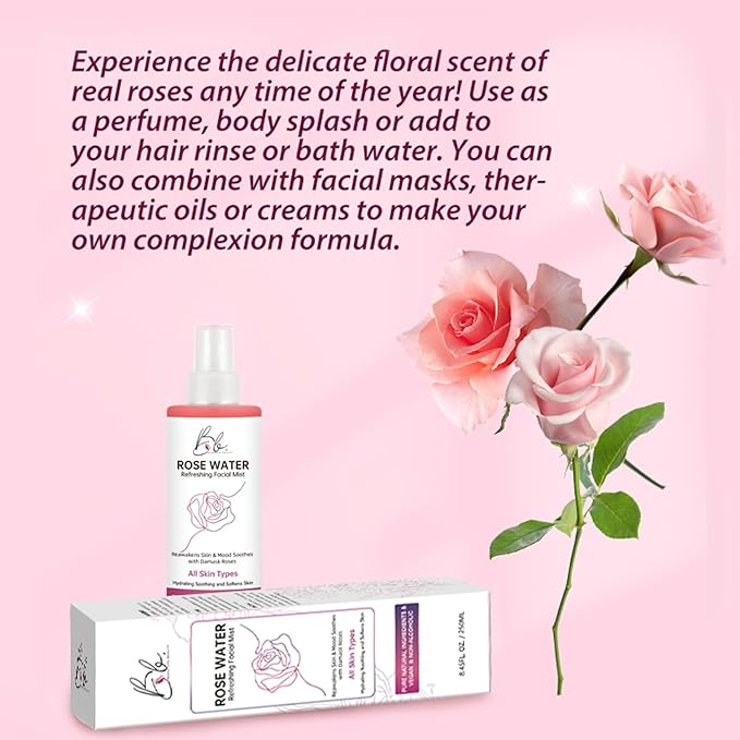 Rosewater Refreshing Facial Mist – Hydrating, Soothing & Softening Spray with Damask Roses & Glycerin – Pure Natural Ingredients, Vegan, Alcohol-Free, All Skin Types, 8.45 fl oz