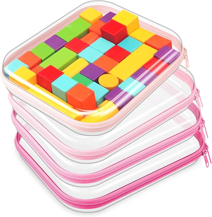 Hoolerry 4 Pcs Hard Clear Zipper Case Makeup Bags Plastic Zipper Pouch Transparent Storage Box Containers for Cosmetics, Snacks, Building Blocks, Puzzles(Clear,9.8 x 7.9 x 2 in,Pink)