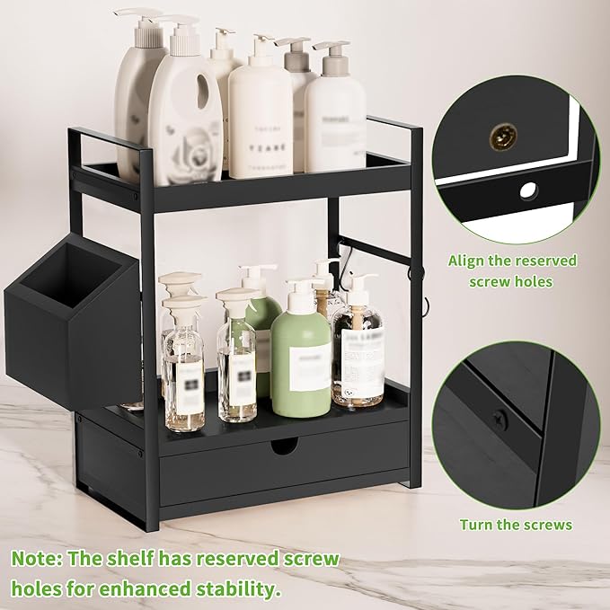 Kottwca Bathroom Counter Organizer with Drawer, 2-Tier Wood Countertop Organizer for Storage, Vanity Skincare Organizers, Bathroom Sink Shelf for Organization (Black)