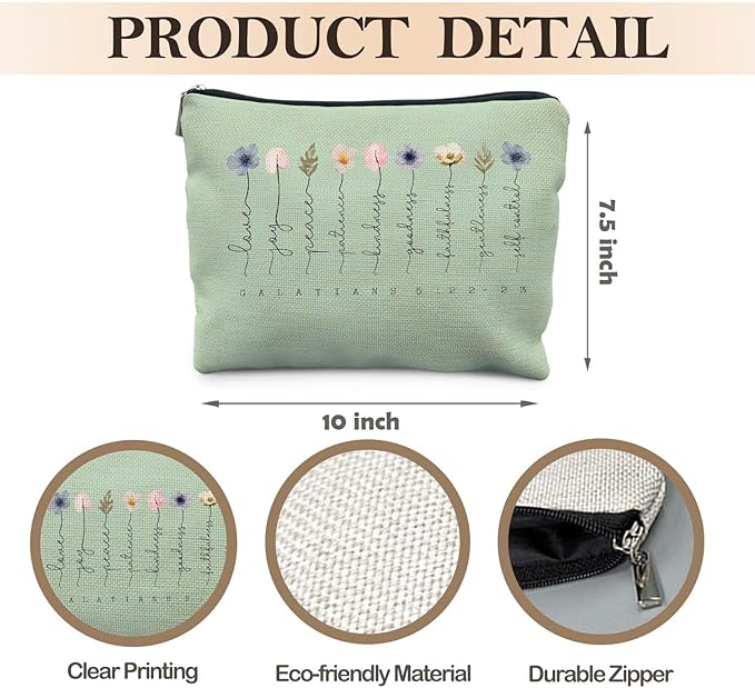 Christian Gifts Makeup Bag, Floral Christian Cosmetic Bags for Women, Galatians 5:22-23 Bible Verse Makeup Pouch, Faith Based Gifts Zipper Pouch(green)