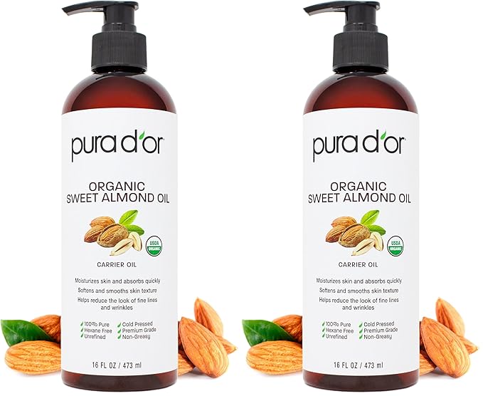 PURA D'OR 16 Oz ORGANIC Sweet Almond Oil-100% Pure&Natural USDA Certified Cold Pressed Carrier Oil For DIY Beauty-Non-Greasy,Unscented,Hexane Free Moisturizer-Massage-Oil For Hair&Skin,(Pack of 2)