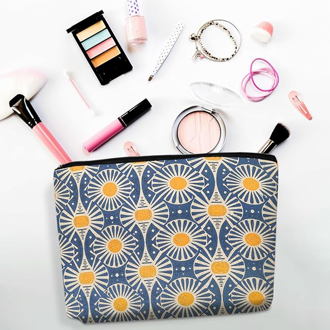 Vintage Boho Print Makeup Bag for Women, Sunset Leaf Aesthetic Cosmetic Bags, Retro Geometric Floral Make up Bags Gifts for Women Sisters Friends, Boho Large Capacity Canvas Makeup Zipper Pouch