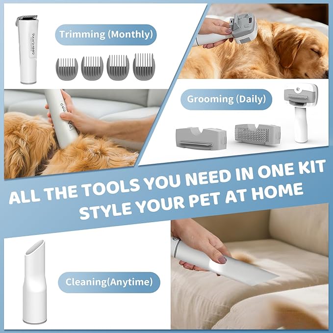 Dog Grooming Vacuum with 2L Dust Cup & 13000Pa Suction, 5-in-1 Low Noise Pet Grooming Kit with Clipper & Steam Brush for Shedding, Dog Vacuum for Dogs and Cats (Grey)
