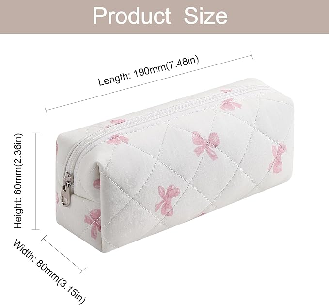 Cute Floral Makeup Brush Bag Small Cotton Quilted Cosmetic Bag for Women Travel Toiletry Zipper Make Up Pouch (Pink Small Bowknot)
