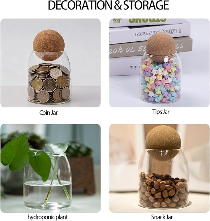 1 Pack 5.5 In Glass Storage Container, Ball Cork Jar Decorative Organizer, Cute Canister for Tip Change Sugar/Cotton Swab Holder