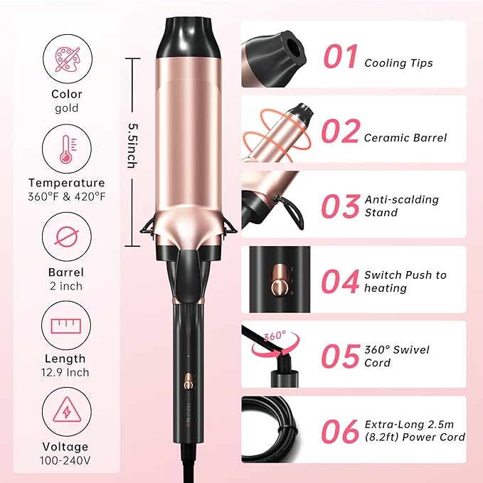 Hahahope Professional Two Inch Curling Iron with Clamp - Large Barrel Curling Wand for Long Hair, Dual Voltage, Adjustable Heat Settings, Lightweight Design Rose Gold