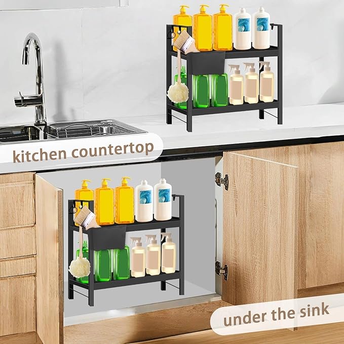 Bathroom Counter Organizer with Basket & Hooks, 2 Tier Bathroom Organizers and Storage for Perfume, Cologne or Spice, Black Countertop Organizer for Vanity, Kitchen, Office or Under Sinks
