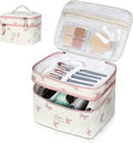 Makeup Bag, Portable Travel Make up Bag, Large Capacity Quilted Cosmetic Organizer Bag, Cute Floral Toiletry Bag for Women Girls (Pink Bow)