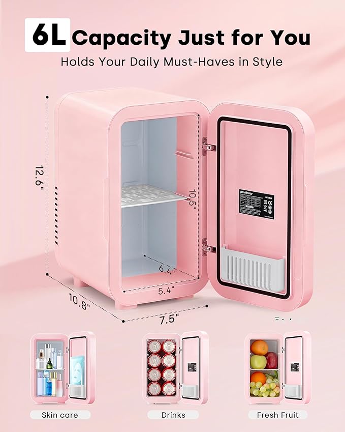 Enventor Mini Skincare Fridge Small Refrigerator for Bedroom, Beauty Fridge for Makeup with Dimmable LED Mirror, 6 L / 8 Cans Compact Portable Cooler for College Dorm, Office, Car, Pink