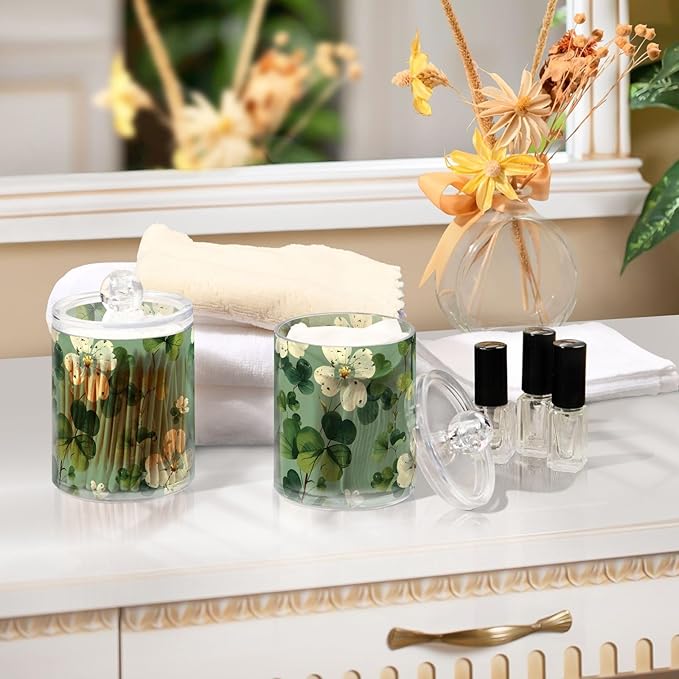 2 Pack Qtip Holder Dispenser for Cotton Ball White Flower Green Leaves Swab Cotton Round Pads Clear Plastic Acrylic Jar Set Bathroom Canister