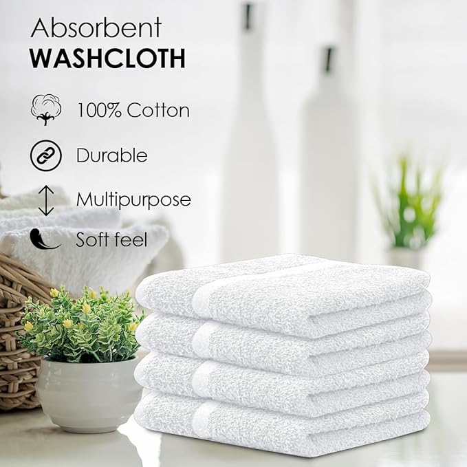Avalon Towels Cotton Washcloths – (Pack of 72) Size 12x12 Inches, 100% Ring Spun Cotton, Soft & Absorbent Face Towels, Gym Towels, Hotel and Spa Quality, Reusable Fingertip Towels (White)