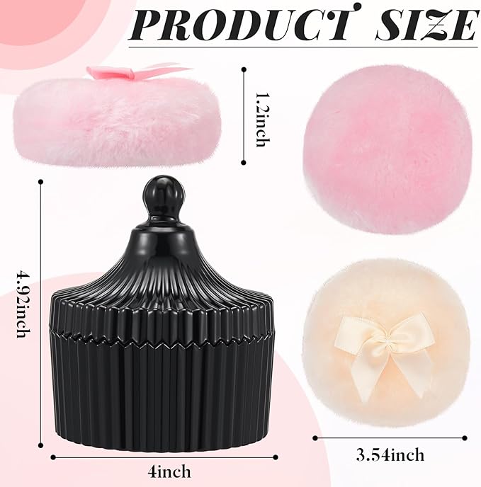 Tioncy 3 Pcs Large Body Powder Puff and Container Valentine's Day gift Powder Container with Puff Crystal Case Soft Washable Reusable Velour Face Body Glitter Wet Dry Makeup(Classic,Black)
