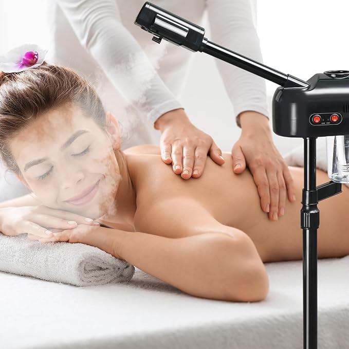 Professional Facial Steamer,2 in 1 Facial Steamer on Wheels,for Personal Skin Care Deep Cleaning,with 3X Magnifying Lamp,for Spa, Salon and at Home Use (Black)