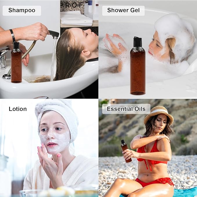 2 Pack 8 oz Amber Plastic Squeeze Bottles with Black Disc Caps Refillable Empty Travel Containers Bottles for Shampoo Conditioner Toiletries Lotions Oils BPA Free