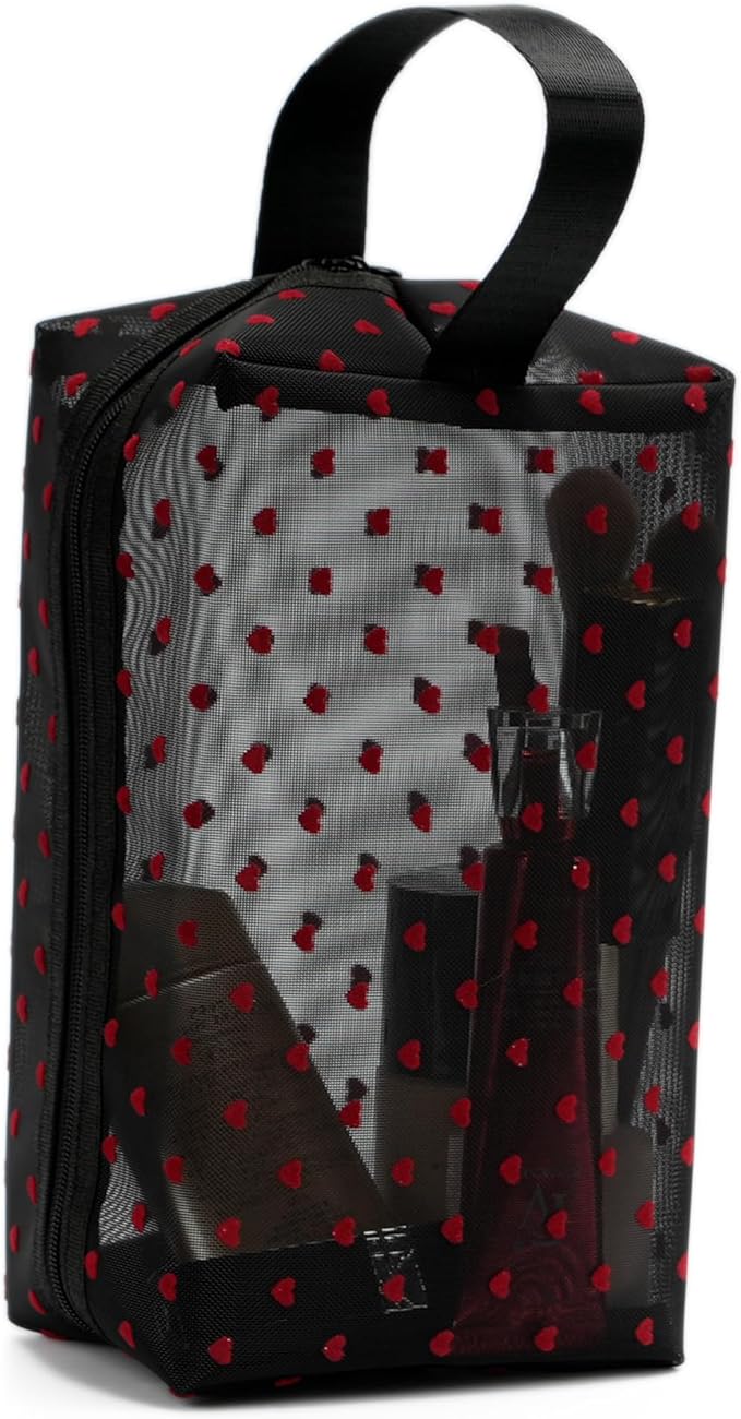 Portable Mesh Makeup Bag with Zipper Small Travel Toiletry Bag Lightweight Cosmetic Pouch (Black&Red Heart with Handle)