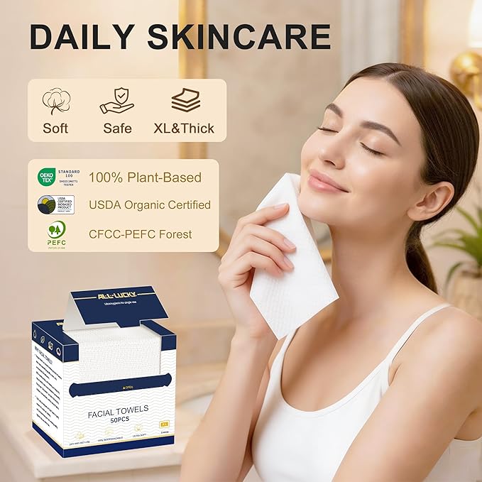 Face Towels, XL Facial Dry Towels 10x12 Inch, Biodegradable Disposable Face Wipes for Makeup Remover, Skincare & Face Cleansing, Lint-Free (50 Count)