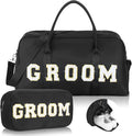 2 Pcs Wedding Weekender Bag Bride Groom Duffle Bag Chenille Letter Patch Travel for Bridal Shower Honeymoon Gift(Groom,Black)