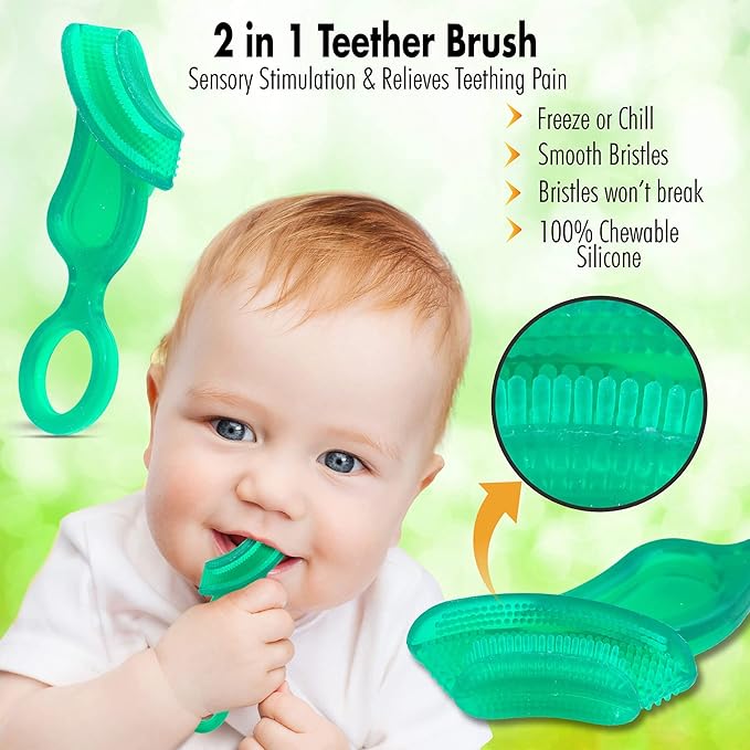 Brilliant Oral Care Baby’s First Toothbrush, Smooth Silicone Bristles Gently Clean Tender Teeth and Gums, for Ages 4+ Months, Clear, 2 Pack