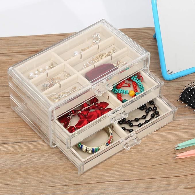 Acrylic Jewelry Organizer Makeup Cosmetic Storage Organizer box Clear Jewelry Case with 3 Drawers Adjustable Jewelry Box Velvet Trays grid size