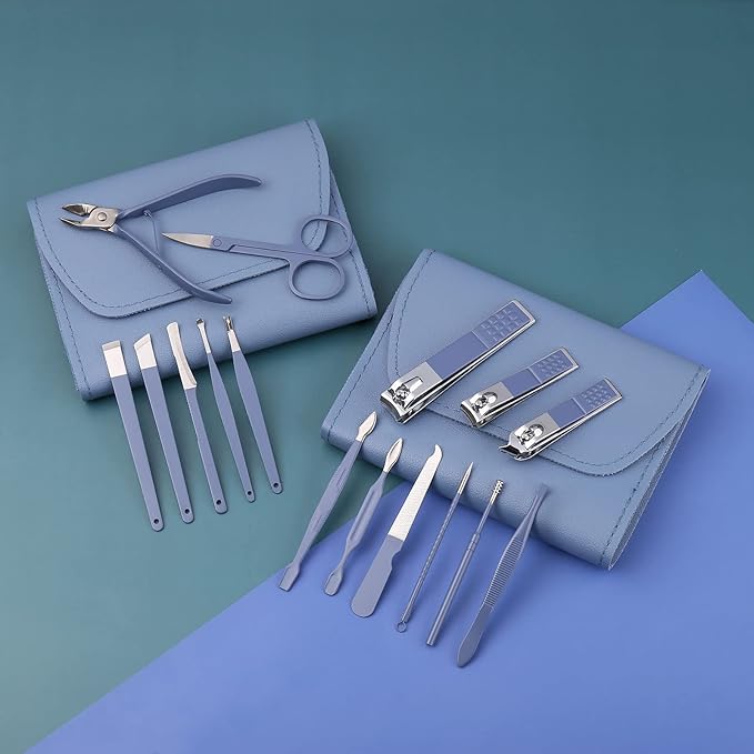Manicure Set, Nail Clippers, Pedicure Kit, 16 in 1 Professional Grooming Kit Stainless Steel, Nail Toenail Scissors Tools with Luxurious Leather Travel Case for Men Women Blue Upgraded Version