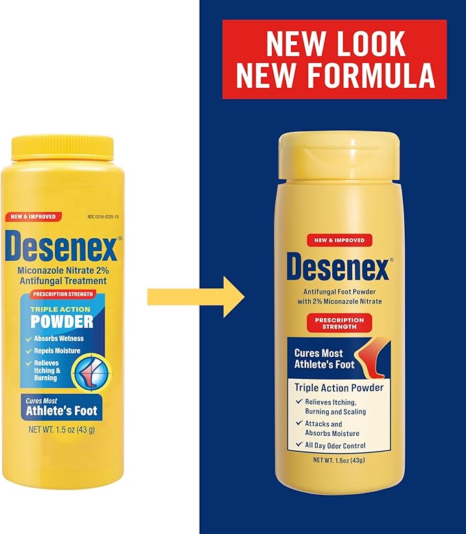 Desenex Anti-Fungal Foot Powder, Cures Most Athlete’s Foot, 2% Miconazole Nitrate, Helps Relieve Itching, Burning and Scaling, Attacks and Absorbs Moisture, All Day Odor Control, 1.5oz