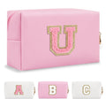 Personalized Initial A-Z Preppy Patch Makeup Bag,Small PU Leather Chenille Letter Cosmetic Bag with Zipper for Teen Girls,Pink Cute Travel Toiletry Bag,Birthday Monogrammed Gift for Daughter,Letter U