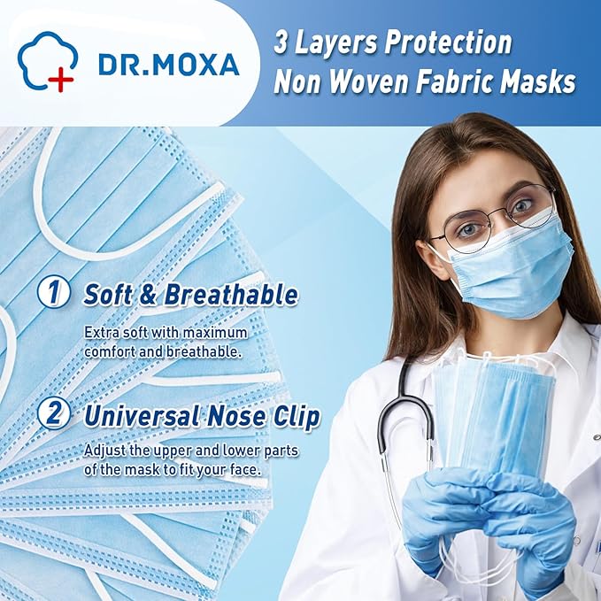 DR.MOXA 1000 Pack Disposable Medical Face Masks Breathable(10 Boxes, 100pcs/Box) 3 Ply Masks for Protection Blue