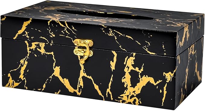 Black and Gold Marble Tissue Box Cover, Modern Tissue Box Holder with Lock for Bathroom, Bedroom, and Living Room, Rectangle Shape Dryer Sheet Holder Organizer