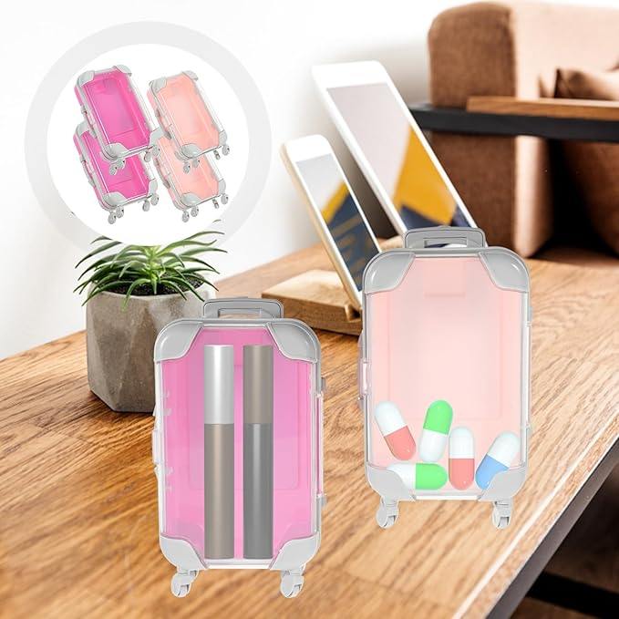4pcs Simulation Suitcase Makeup Box, Portable False Eyelashes Storage Box, Travel Makeup Carrying Case, Pink & Rose Red, 6.49 x 3.34 x 1.96 Inch