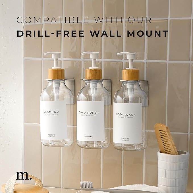 MaisoNovo Refillable Shampoo and Conditioner Bottles - 16.9 fl oz Set of 3 Clear Plastic Bottles White Bamboo Pumps