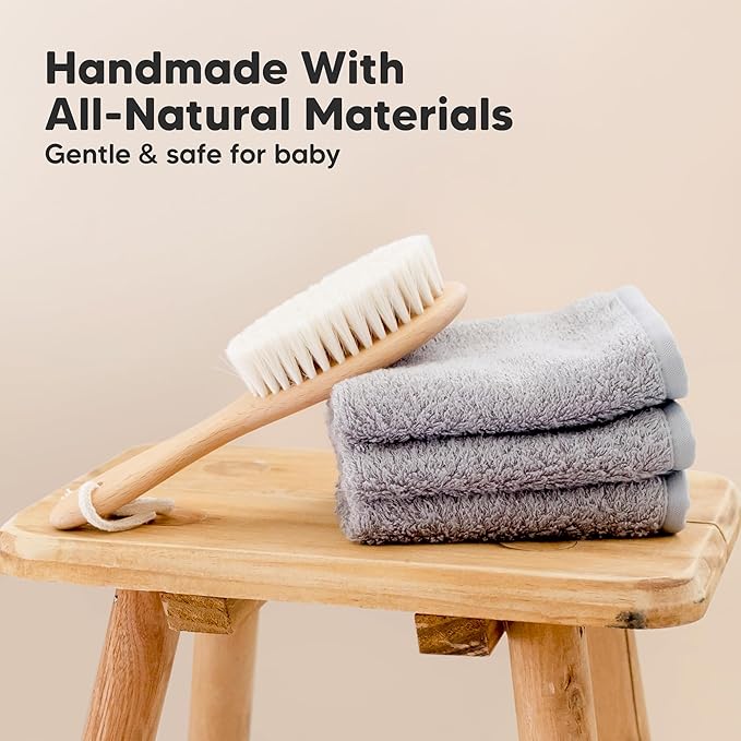 Wooden Baby Hair Brush - Cradle Cap Baby Brush with Soft Goat Bristles, Perfect Gentle Scalp Newborn Comb for Infant, Girls, Boys, Bath Essentials (Walnut, Regular)