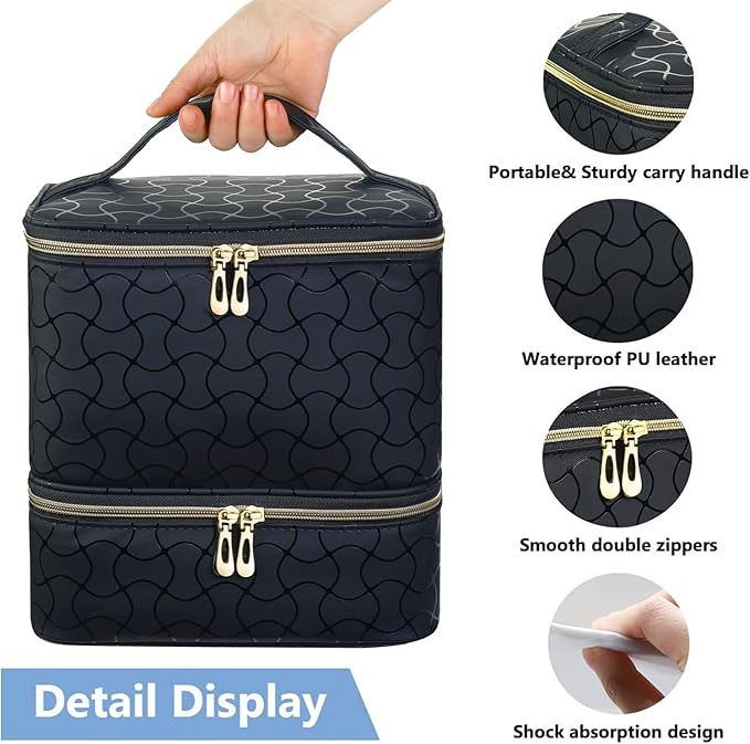 Nail Polish Organizer and Nail Lamp Case, Nail Kit Organizer Holds 30 Bottles (15ml - 0.5 fl.oz) and a Nail Lamp, Nail Polish Carrying Case with Manicure Tools Storage Sections (B-Black)