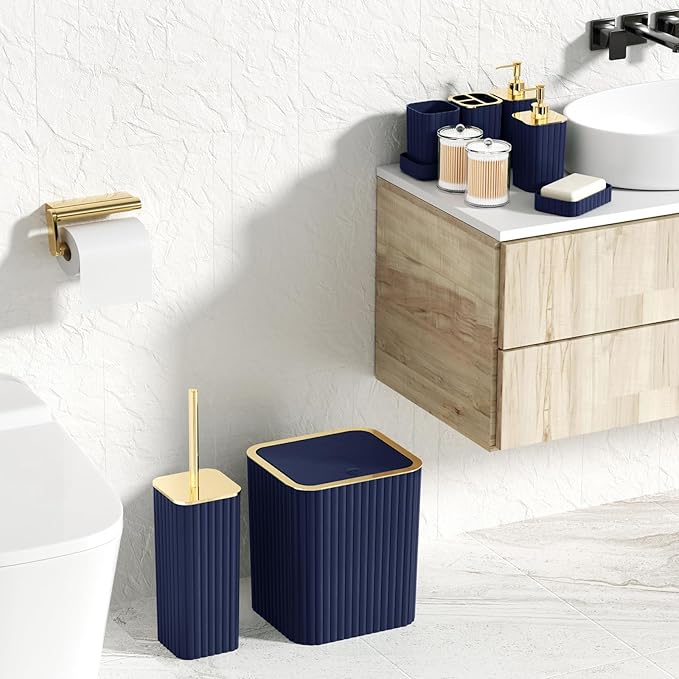 Bathroom Set with Shower Curtain and Rugs- 25PC Blue Bathroom Accessory Set, Navy Blue Shower Curtain Set, Toilet Brush, Trash Can, Qtip Holder & Soap Dispenser