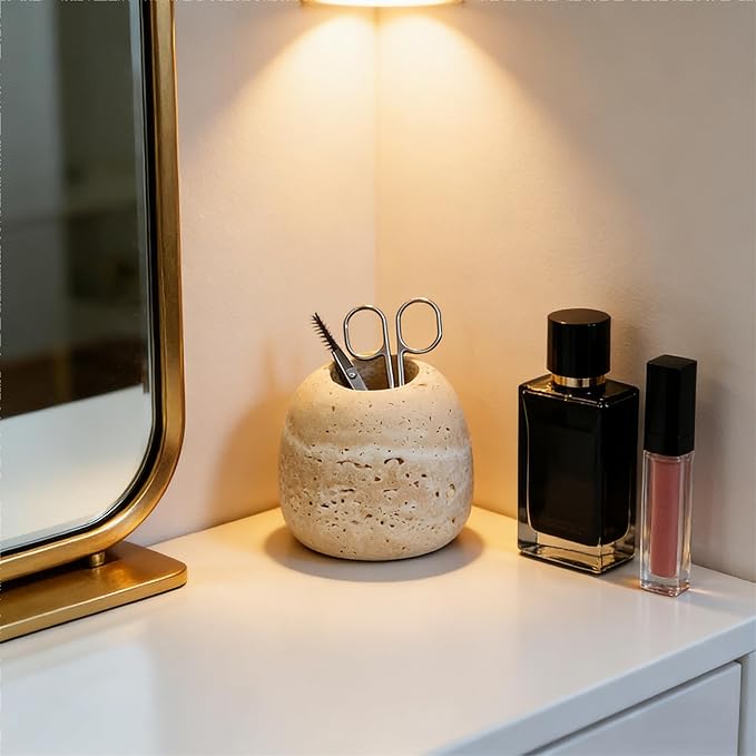 Travertine Match and Toothpick Holder Cute Beige Multi-Purpose Storage Jar for Cotton Swabs Matches Nail Clippers Scissors Bathroom Bedroom Vanity Decor (Beige)