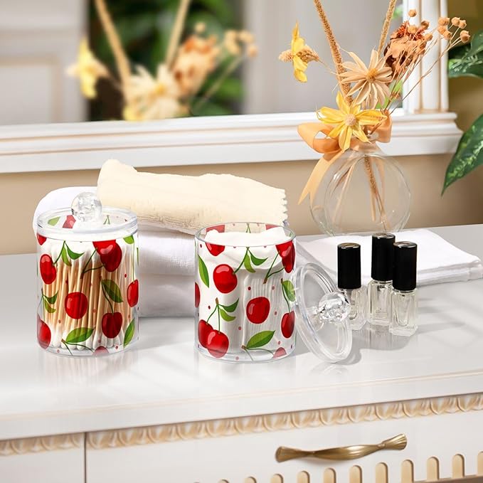 2 Pack Qtip Holder Dispenser for Cotton Ball Cherry Fruits Cotton Swab Round Pads Clear Plastic Acrylic Jar Set Bathroom Canister