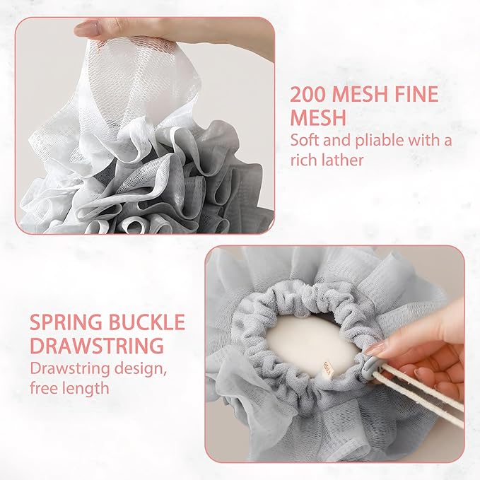 3 PCS Bar Soap Loofah Pouch, New 2 in 1 Drawstring Loofah Soap Holder, Exfoliation Mesh Shower Ball for Cleansing and Smooth Skin (Beige+Grey+Pink)