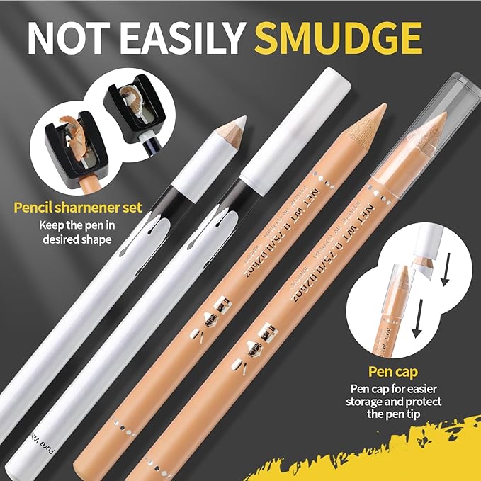 Noerrors 12Pcs Barber Pencil White Beige Skin Tone Magic Hairline Pencils Set Beard Guide Pen with Sharpener Barber Chalk for Lineup Edge Hair Design Shaping Trace Makeup Tool for Men