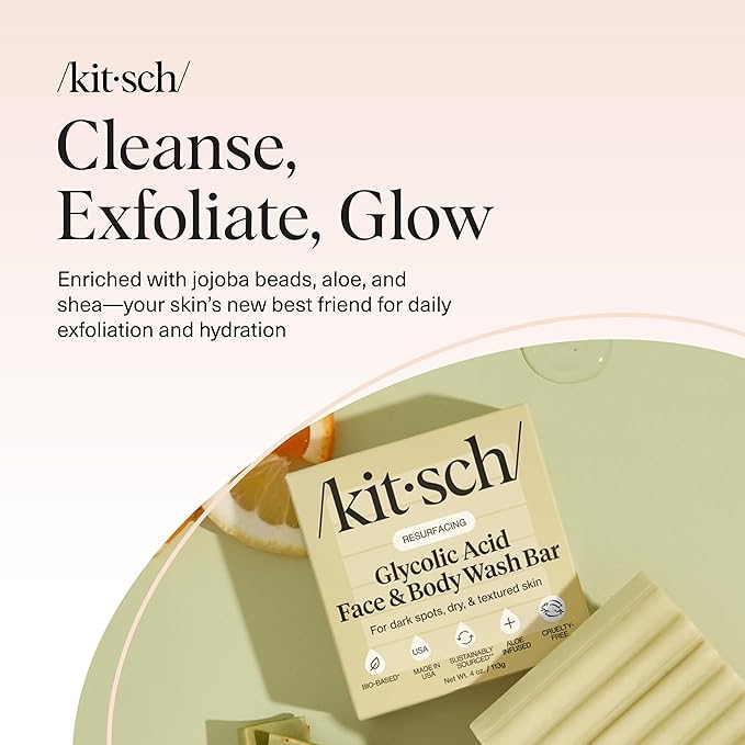 Kitsch Glycolic Acid Face & Body Wash Bar – Resurfacing Bar Soap with Shea Butter for Smoother, Brighter Skin – Gentle Soap & Body Wash Women & Men Love – Cucumber & Eucalyptus Scent Bath Soap - 4 oz