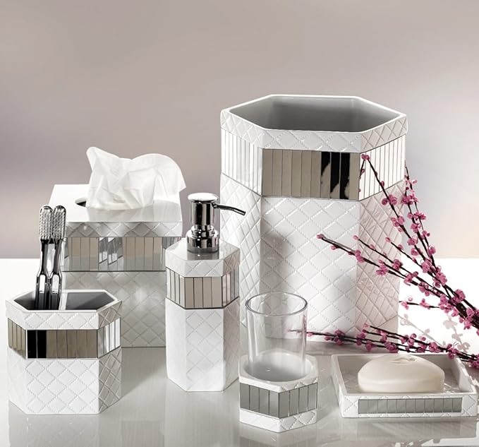 Creative Scents Quilted Mirror White Tissue Box Cover Square - Decorative Bathroom Tissue Box Holder - Modern Mirrored Tissues Cube Box Cover with Durable Bottom Slider