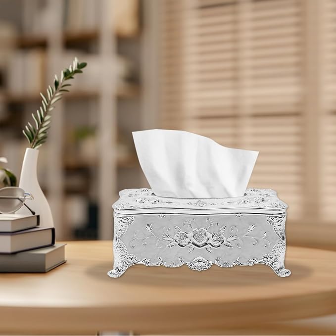 Geesatis Tissue Box Cover, Rectangle Tissue Box Holder, Rectangular Napkin Facial Tissues Holder for Bathroom Toilet Bedroom Living Room Table Desk Office Dresser, 1 Pcs Silver 9''x5''x3.7''