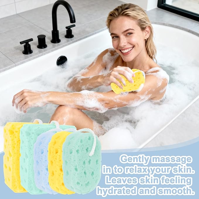 5Pcs Bath Sponge - Sponge Loofah Body Scrubber Bath Sponges for Shower Soft Exfoliating Shower Pouf Body Sponges for Women, Men, Teenager Large Size Rich Lather 3 Colors