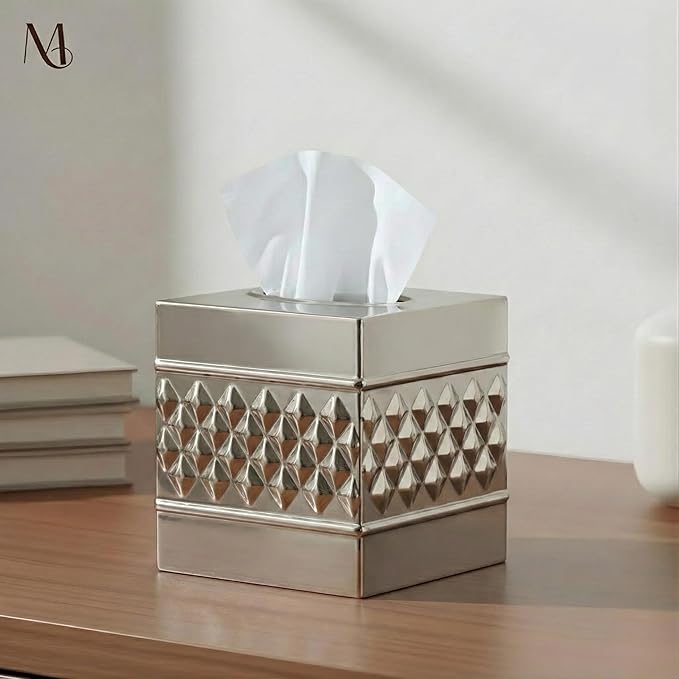 Monarch Abode Tissue Box Cover Square – Handcrafted Geo Embossed Nickel Chrome Finish Metal Tissue Holder Box for Bathroom Accessory, Aesthetic Decorative Facial Napkin Cube for Modern Home Décor