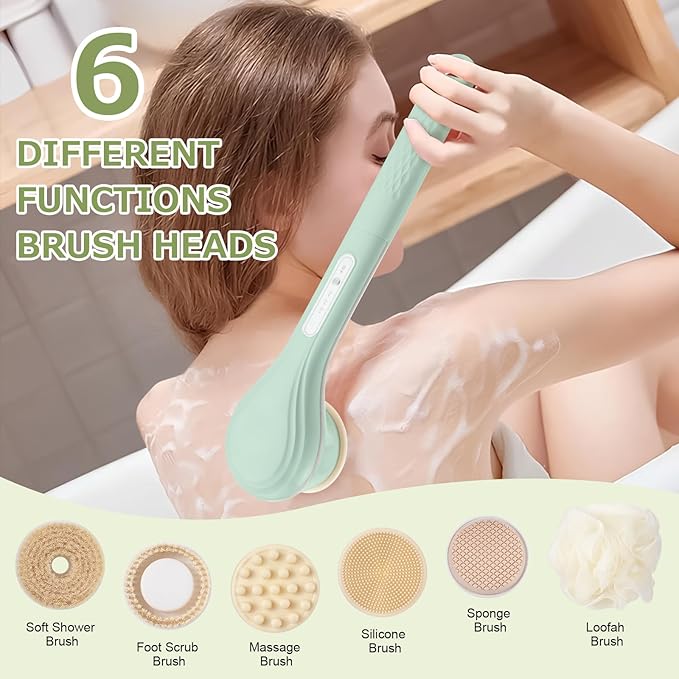 LINGSFIRE Electric Body Bath Brush, Rechargeable Back Scrubber for Shower, Long Handle Exfoliating Bath Brush for Shower, Lotion Applicator for Back, Silicone Body Scrubber with 6 Shower Brush Heads