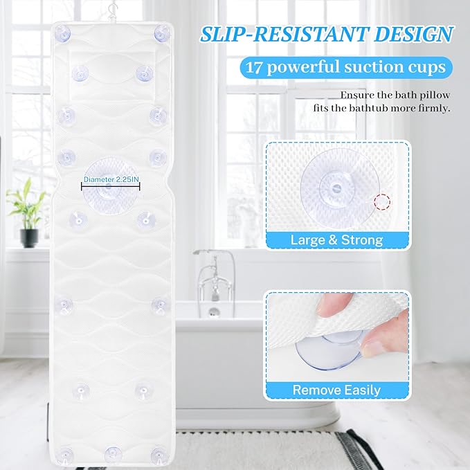 Bath Pillow for Tub with Laundry Bag & 17 Non-Slip Suction Cups, Extra Thick and Soft Bathtub Pillow for Head, Neck & Shoulder Support, 56" x 16" White