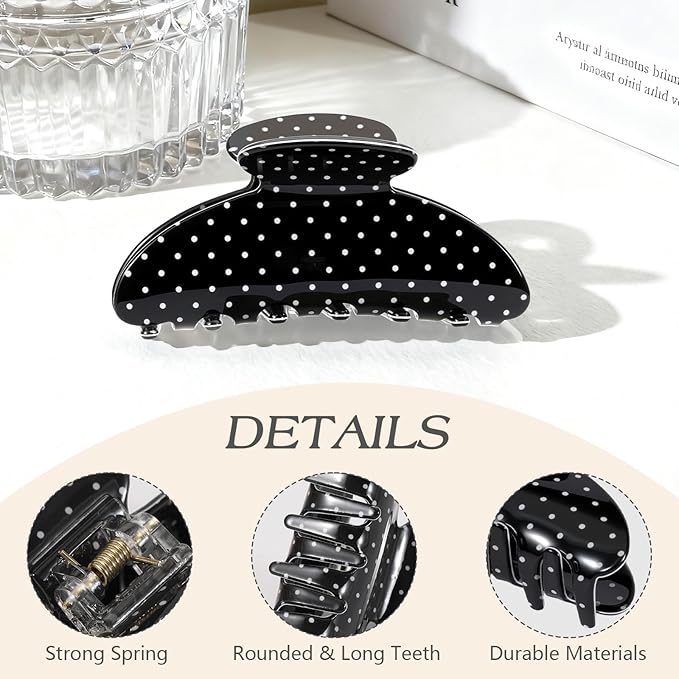 2 Pack Medium Hair Clips for Women, Strong Hold Recycled Plastic Claw Clips for Thick Hair Polka Dot | Great for Updo Half Up Hairstyle | Ideal Gifts for Women - Black and White Holiday Gift