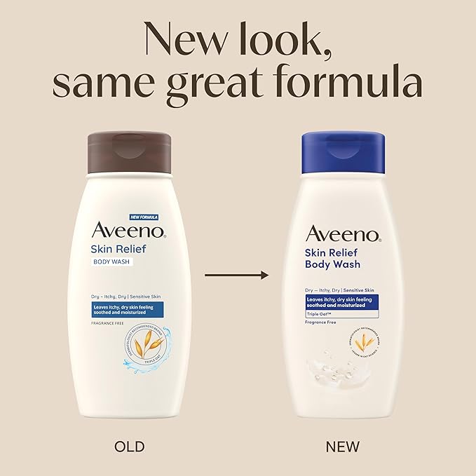 Aveeno Skin Relief Fragrance-Free Body Wash with Triple Oat Formula, Gentle Daily Cleanser for Sensitive Skin Leaves Itchy, Dry Skin Feeling & Soothed Moisturized, 12 fl. oz