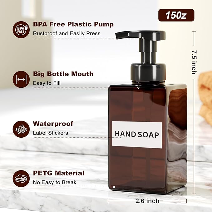 Amber Foaming Soap Dispenser, Refillable Foam Hand Soap Dispenser, Set of 2 Empty Foamer Pump Bottle, Brown Foaming Dispenser Bottles with Black Pump
