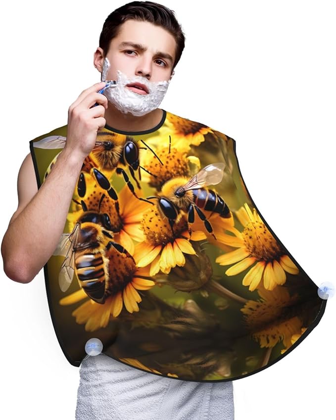 Rural Honey Bees Flowers Print Beard Bib Apron For Men, Beard Hair Catcher For Men Shaving Trimming,Beard Cape Cloth